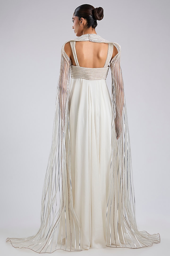 Pearl Chiffon Crystalvein Wedding Gown With Drape by Amit Aggarwal at Pernia's Pop Up Shop