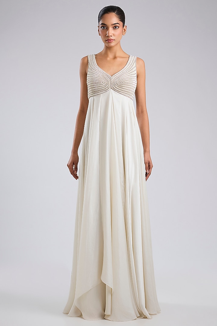 Pearl Chiffon Crystalvein Wedding Gown With Drape by Amit Aggarwal at Pernia's Pop Up Shop