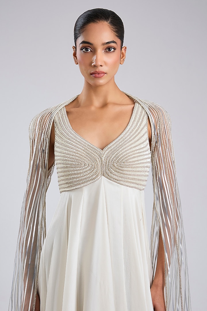 Pearl Chiffon Crystalvein Wedding Gown With Drape by Amit Aggarwal at Pernia's Pop Up Shop