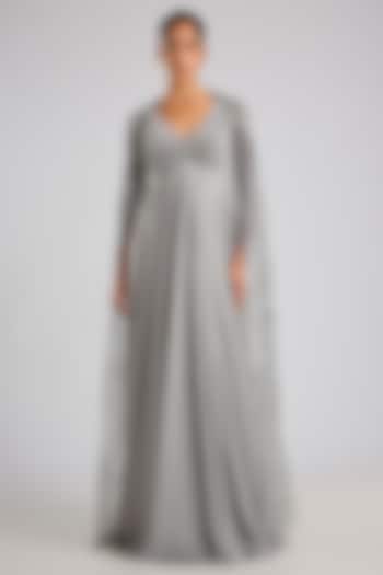 Steel Grey Satin Chiffon Wedding Gown by Amit Aggarwal at Pernia's Pop Up Shop