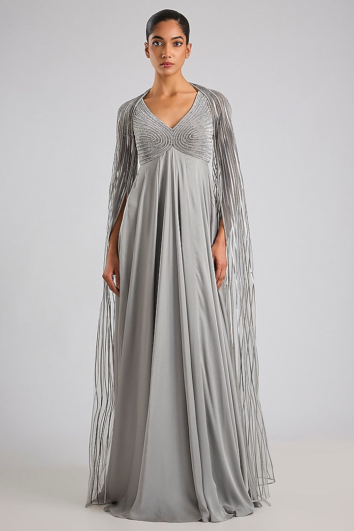 Steel Grey Satin Chiffon Wedding Gown by Amit Aggarwal at Pernia's Pop Up Shop