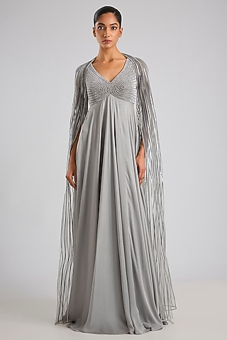 Steel Grey Satin Chiffon Gown by Amit Aggarwal