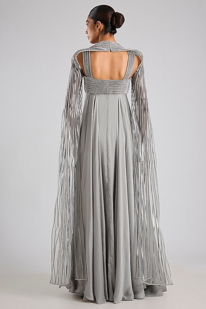 Steel Grey Satin Chiffon Wedding Gown by Amit Aggarwal at Pernia's Pop Up Shop