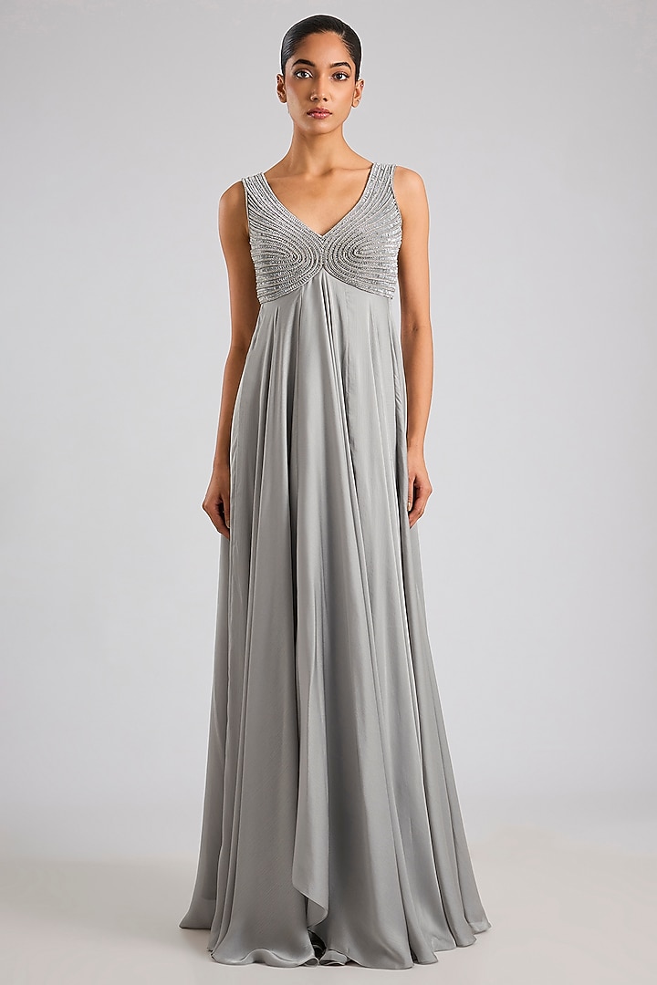 Steel Grey Satin Chiffon Wedding Gown by Amit Aggarwal at Pernia's Pop Up Shop