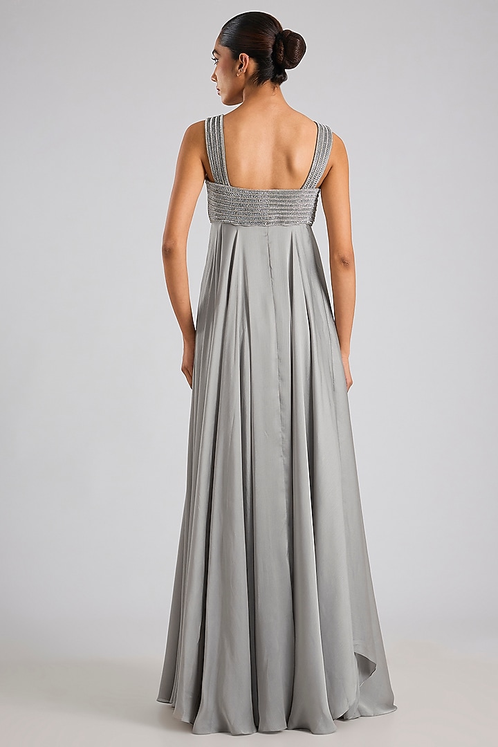 Steel Grey Satin Chiffon Wedding Gown by Amit Aggarwal at Pernia's Pop Up Shop