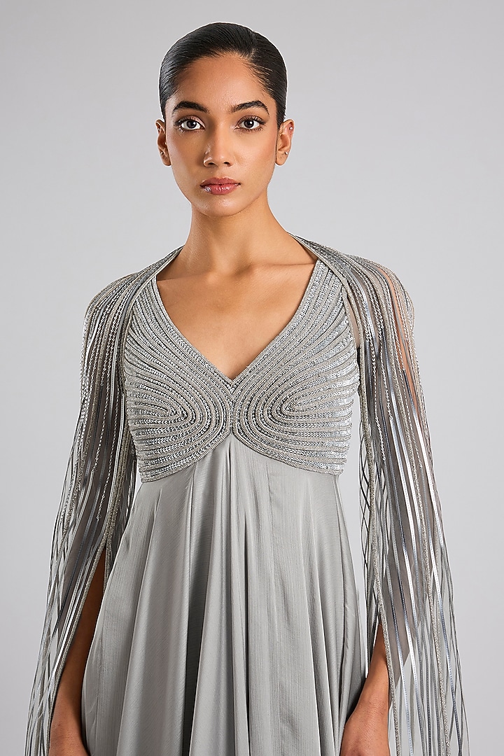 Steel Grey Satin Chiffon Wedding Gown by Amit Aggarwal at Pernia's Pop Up Shop