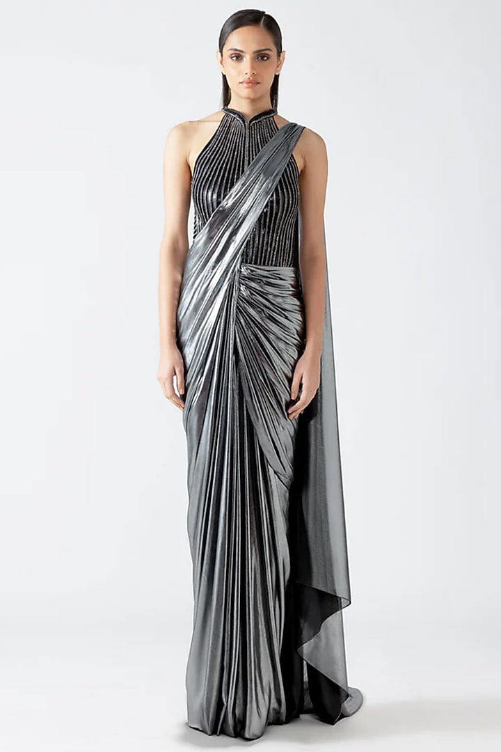 Crystal Colored Polyester & Nylon Draped Reception Saree Set by Amit Aggarwal at Pernia's Pop Up Shop