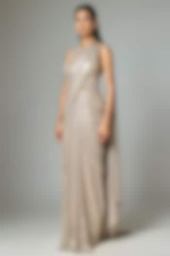 Sand Beige Lame & Butterfly Net Draped Reception Gown Saree by Amit Aggarwal at Pernia's Pop Up Shop