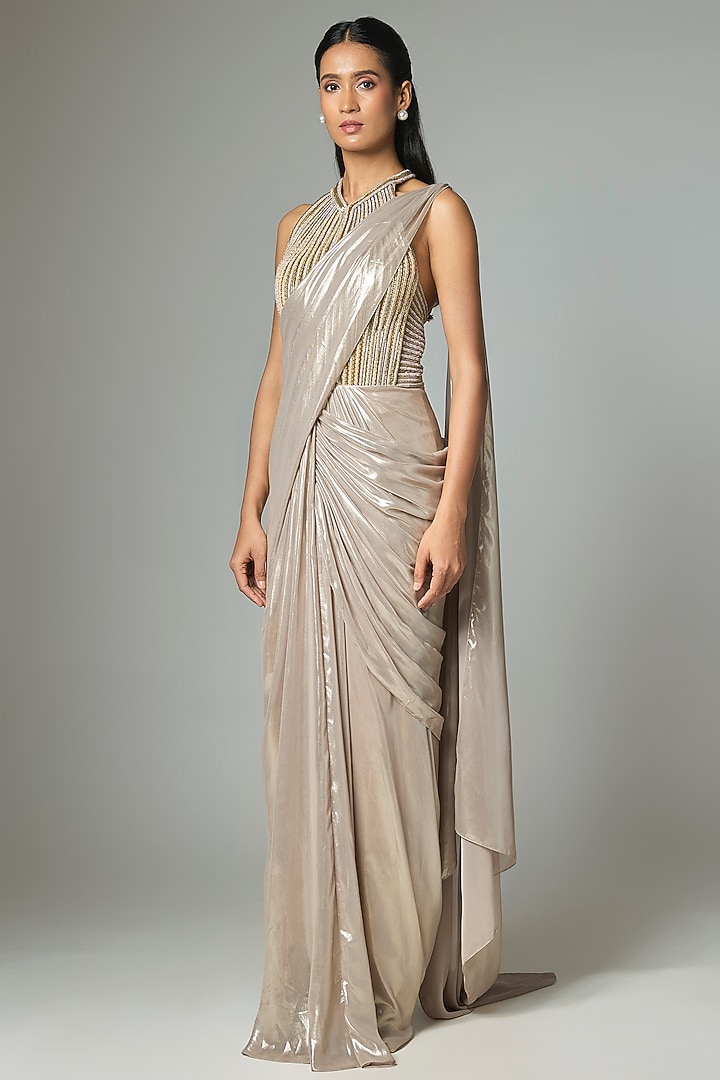 Sand Beige Lame & Butterfly Net Draped Reception Gown Saree by Amit Aggarwal at Pernia's Pop Up Shop