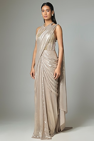 Sand Beige Lame & Butterfly Net Draped Gown Saree by Amit Aggarwal