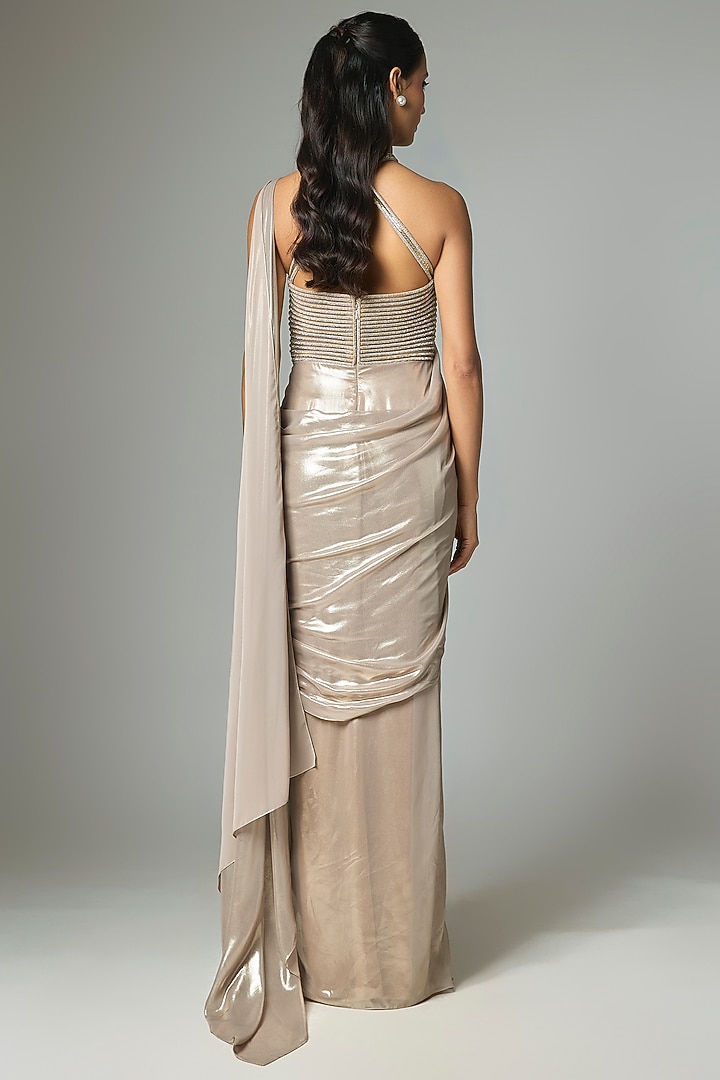 Sand Beige Lame & Butterfly Net Draped Reception Gown Saree by Amit Aggarwal at Pernia's Pop Up Shop