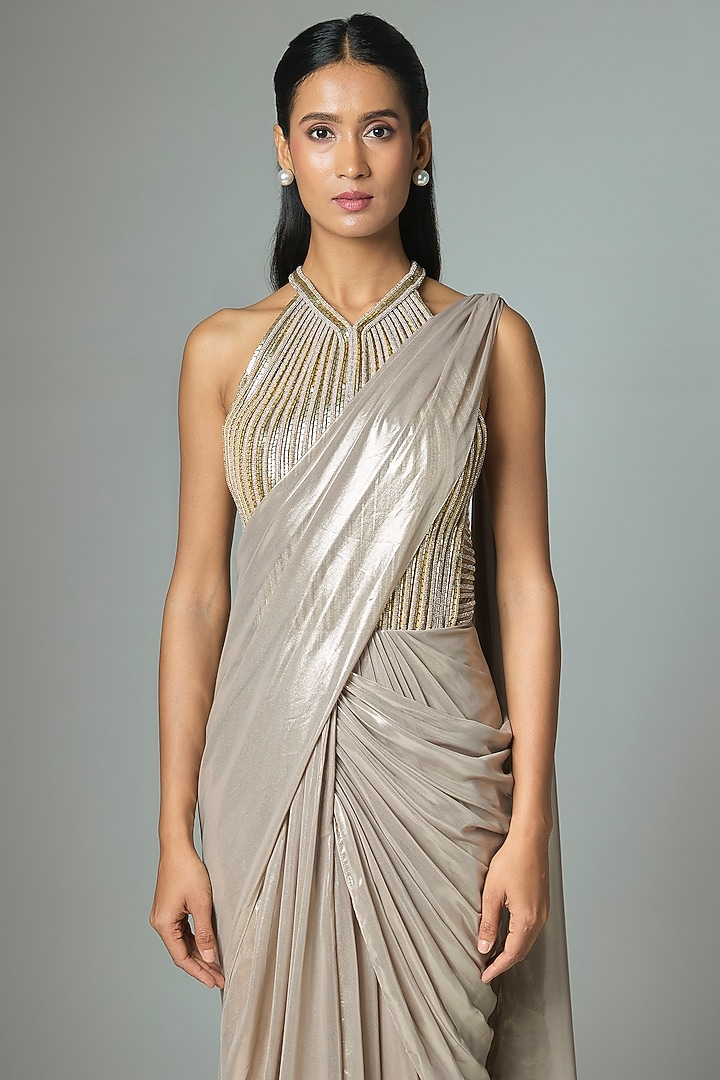 Sand Beige Lame & Butterfly Net Draped Reception Gown Saree by Amit Aggarwal at Pernia's Pop Up Shop