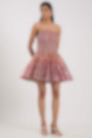 Rose Pink Butterfly Net Off-Shoulder Mini Party Wear Dress by Amit Aggarwal at Pernia's Pop Up Shop