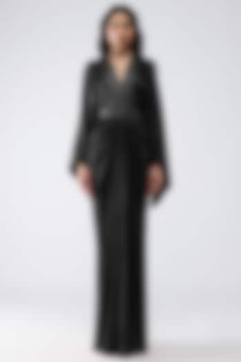 Black Satin Chiffon Kaftan Party Wear Dress With Belt by Amit Aggarwal at Pernia's Pop Up Shop