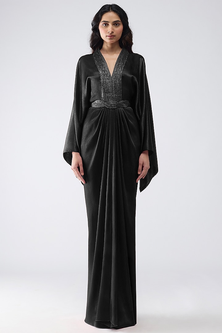 Black Satin Chiffon Kaftan Party Wear Dress With Belt by Amit Aggarwal at Pernia's Pop Up Shop