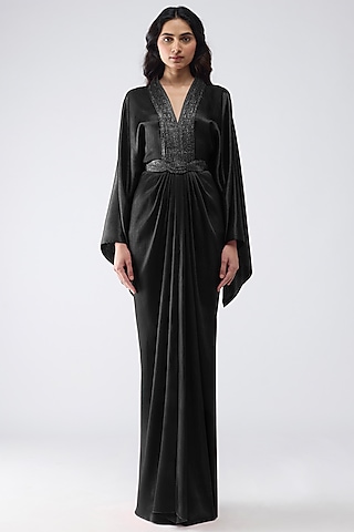 Black Satin Chiffon Kaftan Dress With Belt by Amit Aggarwal