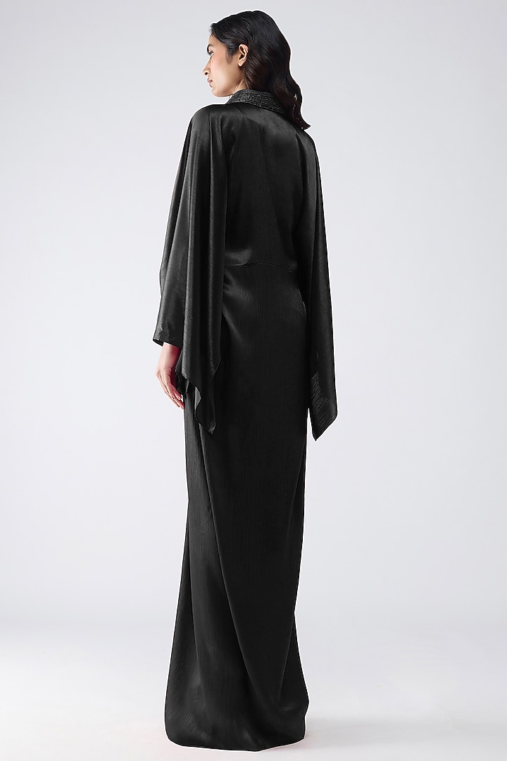 Black Satin Chiffon Kaftan Party Wear Dress With Belt by Amit Aggarwal at Pernia's Pop Up Shop