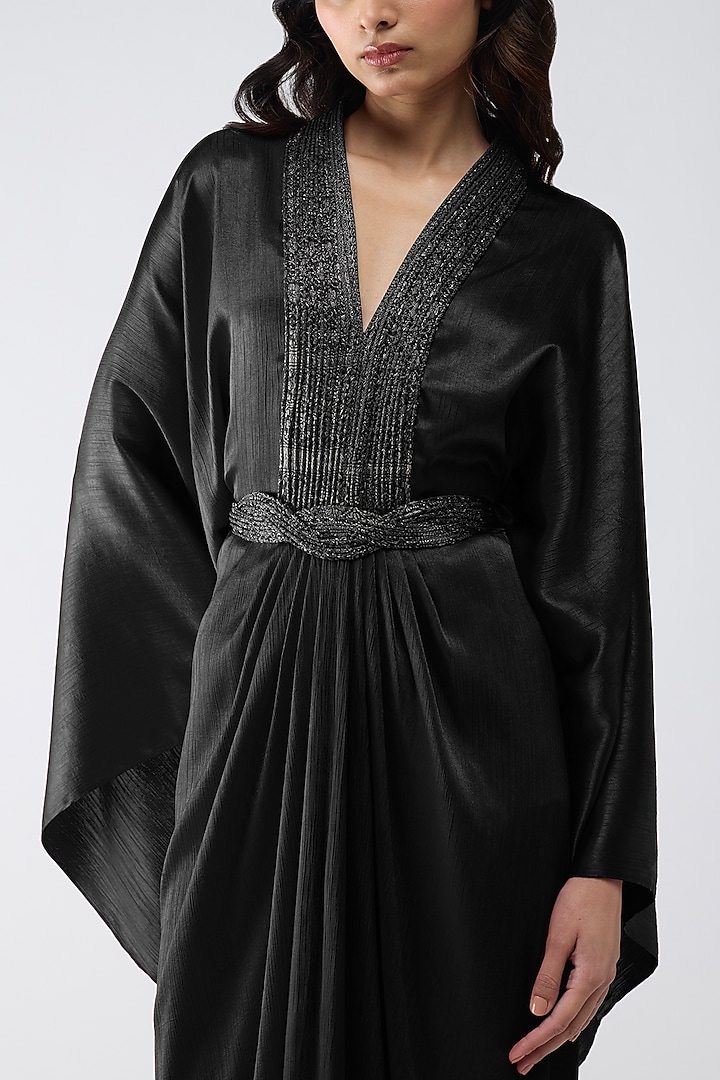 Black Satin Chiffon Kaftan Party Wear Dress With Belt by Amit Aggarwal at Pernia's Pop Up Shop