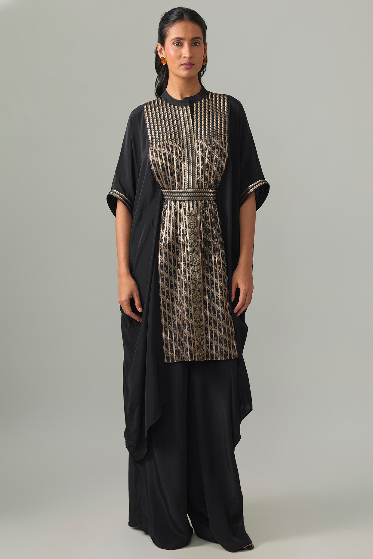 Amit Aggarwal Black Crepe & Banarasi Cape Set