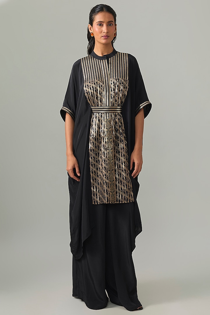 Black Crepe & Banarasi Cape Set by Amit Aggarwal at Pernia's Pop Up Shop