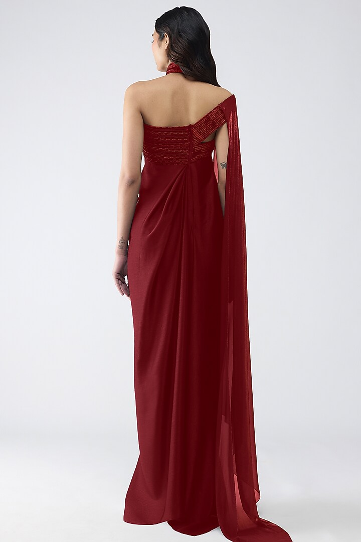 Deep Red Satin Chiffon Halter Party Wear Dress by Amit Aggarwal at Pernia's Pop Up Shop