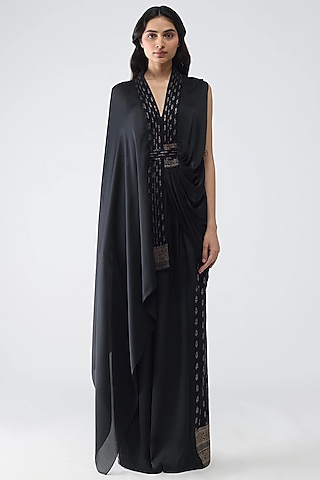 Black Satin Chiffon & Banarasi Top With Belt by Amit Aggarwal
