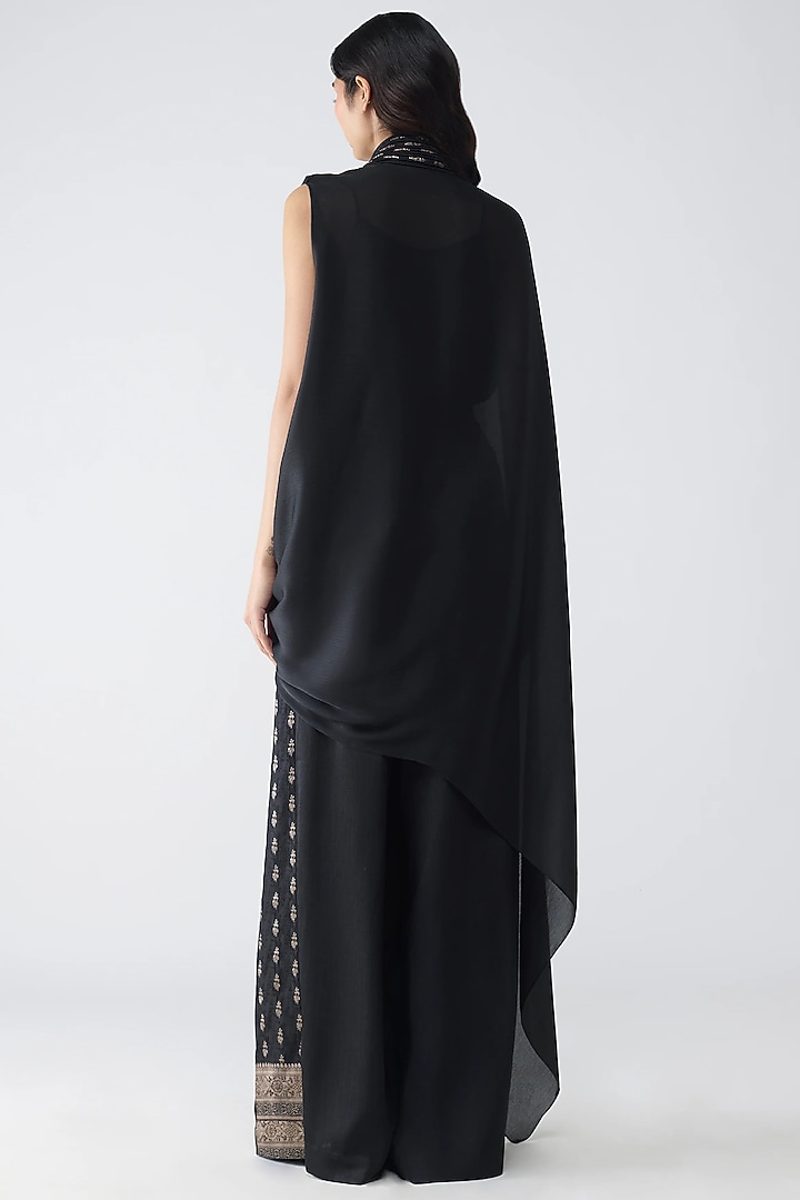 Black Satin Chiffon & Banarasi Top With Belt by Amit Aggarwal at Pernia's Pop Up Shop