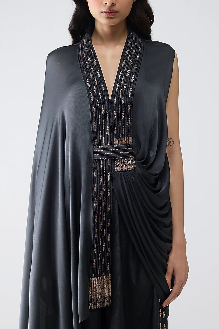 Black Satin Chiffon & Banarasi Top With Belt by Amit Aggarwal at Pernia's Pop Up Shop