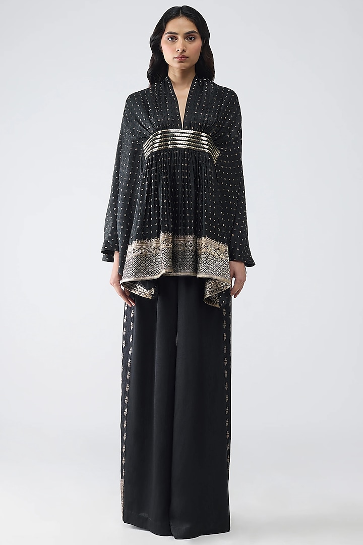 Black Satin Chiffon & Banarasi Pants by Amit Aggarwal at Pernia's Pop Up Shop