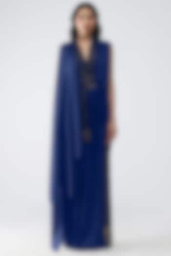 Ink Blue Satin Chiffon Pants by Amit Aggarwal at Pernia's Pop Up Shop