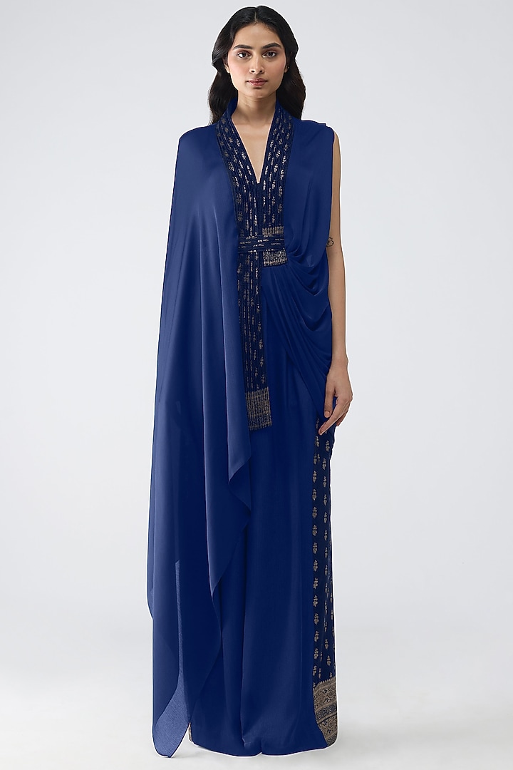 Ink Blue Satin Chiffon Pants by Amit Aggarwal at Pernia's Pop Up Shop
