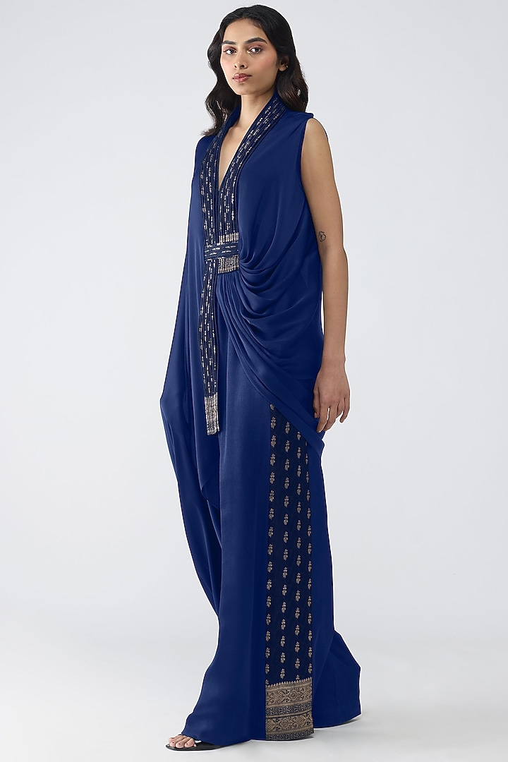 Ink Blue Satin Chiffon Pants by Amit Aggarwal at Pernia's Pop Up Shop