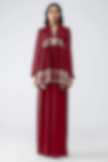 Deep Red Satin Chiffon & Banarasi Pants by Amit Aggarwal at Pernia's Pop Up Shop