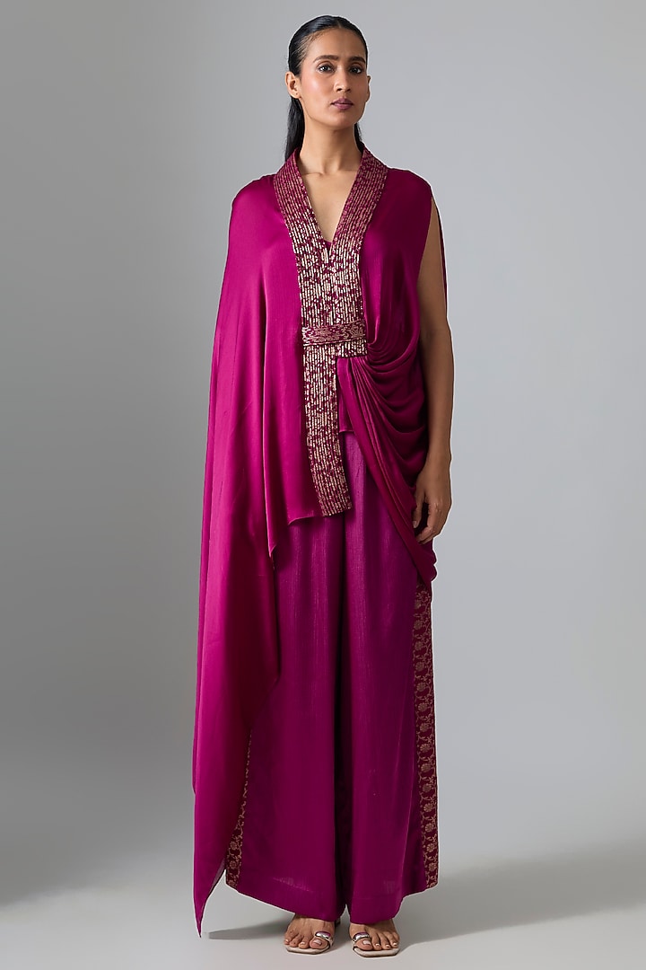 Fuchsia Chiffon Pants by Amit Aggarwal at Pernia's Pop Up Shop