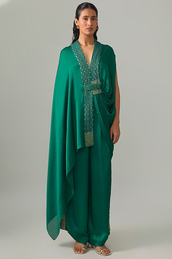 Emerald Satin Chiffon & Banarasi Embellished Top by Amit Aggarwal at Pernia's Pop Up Shop