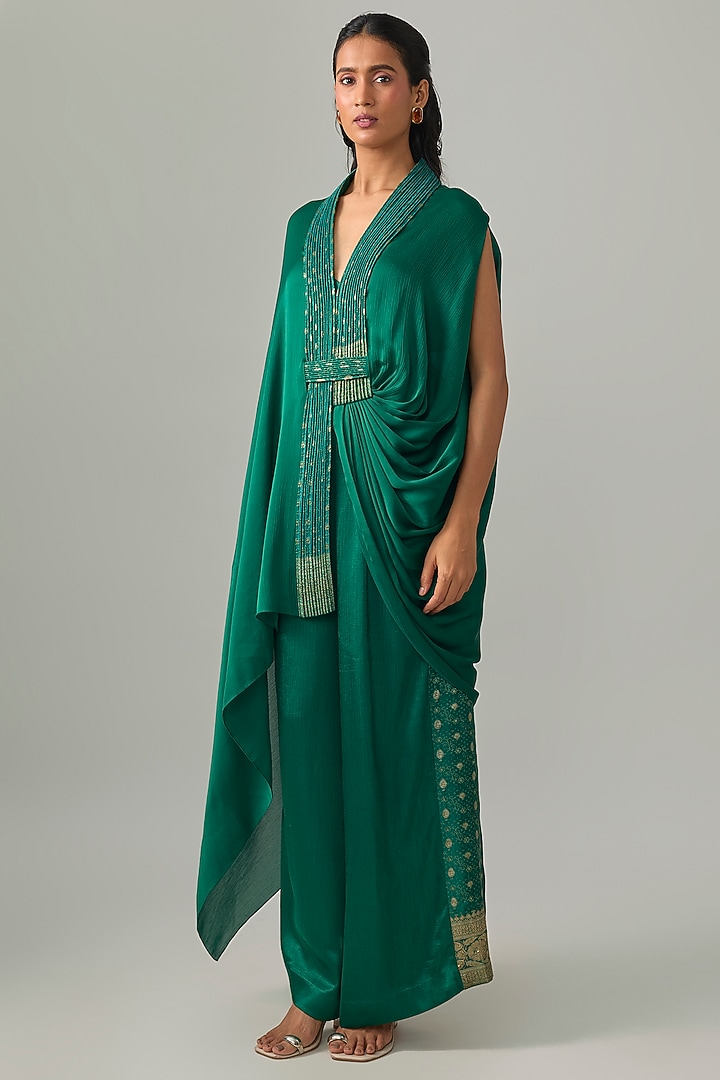 Emerald Satin Chiffon & Banarasi Pants by Amit Aggarwal at Pernia's Pop Up Shop