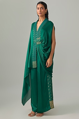 Emerald Satin Chiffon & Banarasi Pants by Amit Aggarwal