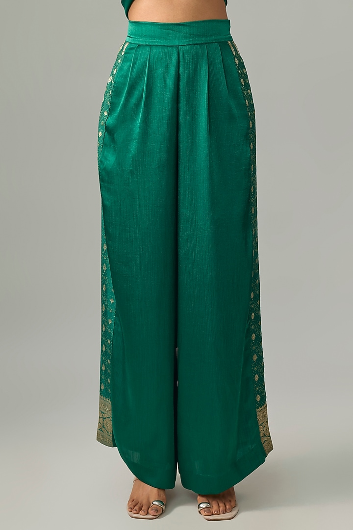 Emerald Satin Chiffon & Banarasi Pants by Amit Aggarwal at Pernia's Pop Up Shop