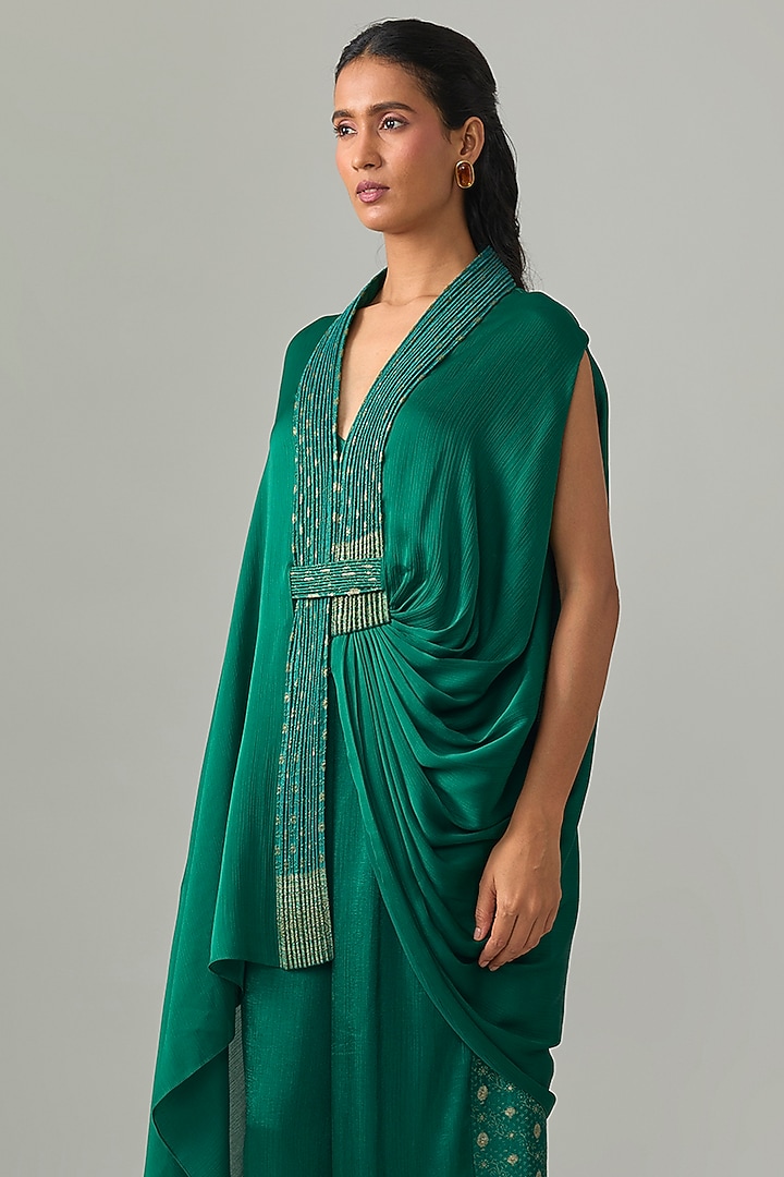 Emerald Satin Chiffon & Banarasi Pants by Amit Aggarwal at Pernia's Pop Up Shop