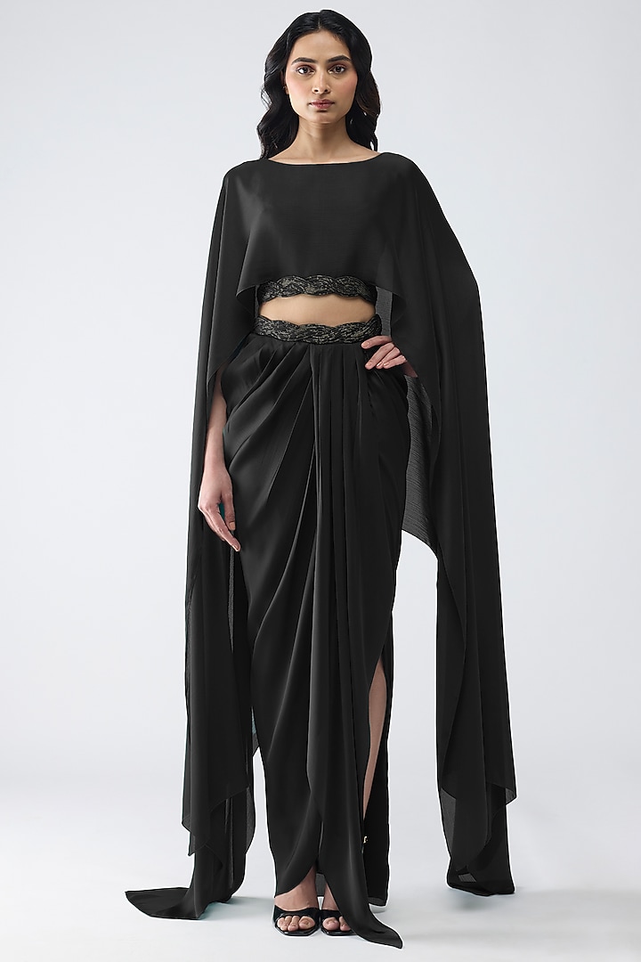 Black Satin Chiffon Skirt Set by Amit Aggarwal at Pernia's Pop Up Shop