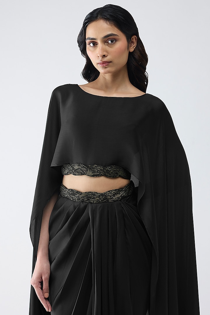 Black Satin Chiffon Skirt Set by Amit Aggarwal at Pernia's Pop Up Shop