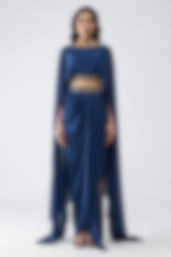 Ink Blue Satin Chiffon Draped Skirt Set by Amit Aggarwal at Pernia's Pop Up Shop