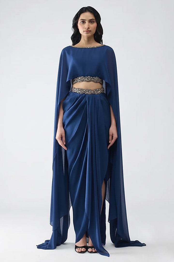 Ink Blue Satin Chiffon Draped Skirt Set by Amit Aggarwal at Pernia's Pop Up Shop