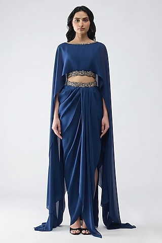 Ink Blue Satin Chiffon Draped Skirt Set by Amit Aggarwal