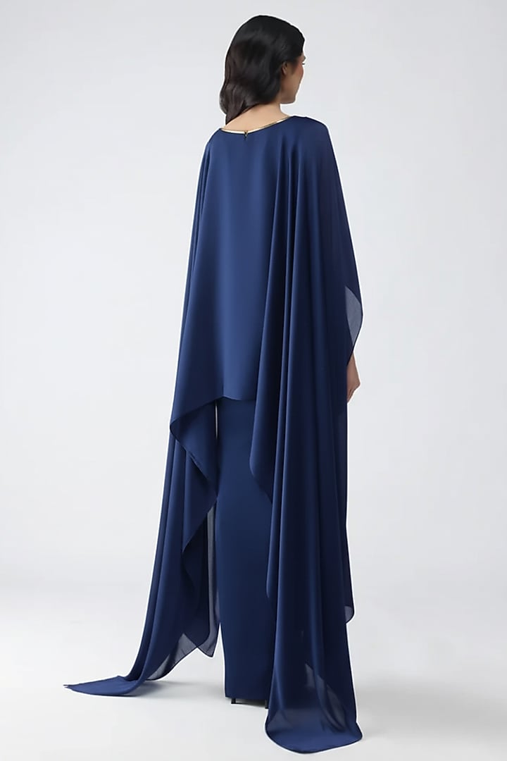 Ink Blue Satin Chiffon Draped Skirt Set by Amit Aggarwal at Pernia's Pop Up Shop