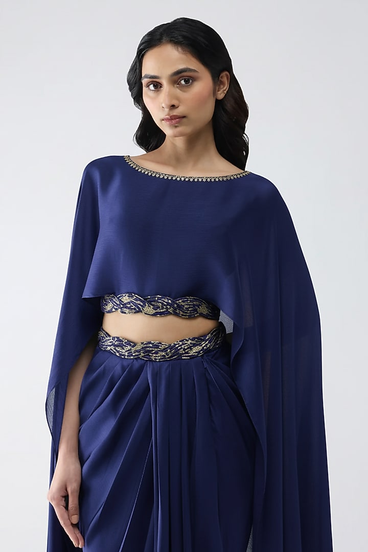 Ink Blue Satin Chiffon Draped Skirt Set by Amit Aggarwal at Pernia's Pop Up Shop