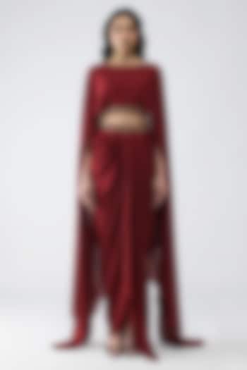 Deep Red Satin Chiffon Draped Skirt Set by Amit Aggarwal at Pernia's Pop Up Shop