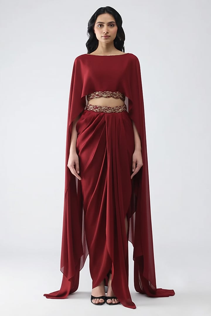 Deep Red Satin Chiffon Draped Skirt Set by Amit Aggarwal at Pernia's Pop Up Shop