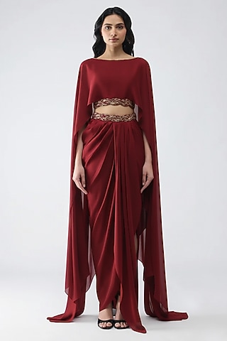 Deep Red Satin Chiffon Draped Skirt Set by Amit Aggarwal