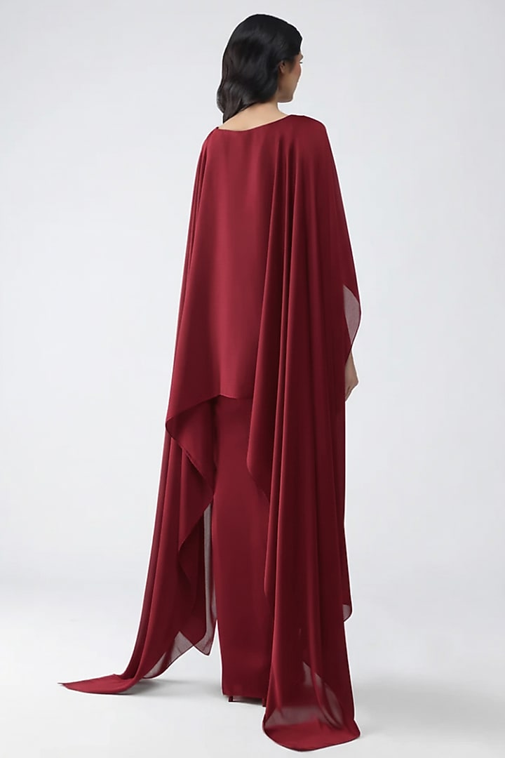 Deep Red Satin Chiffon Draped Skirt Set by Amit Aggarwal at Pernia's Pop Up Shop